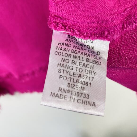 Umgee Size Medium Linen Blend Frayed Trim Short Sleeve Top Pink - Picture 4 of 4